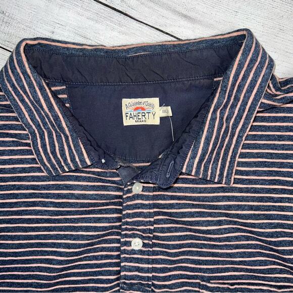 Faherty Men's XXL Sunwashed Blue / Peach Striped Polo Shirt - Short Sleeves - Picture 3 of 7
